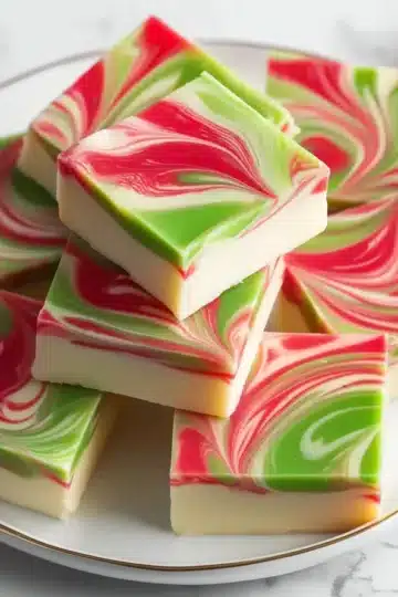 Plate of festive Christmas chocolate squares with red and green marbled swirls, surrounded by red ornaments on a white marble background.
