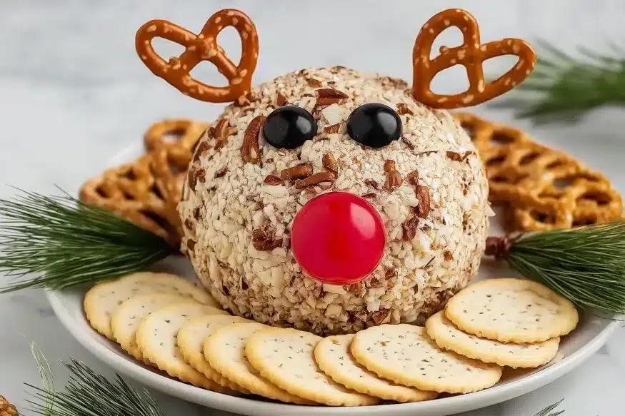 Decorated reindeer cheese ball garnished with pretzel antlers on a serving platter with crackers and fresh pine sprigs