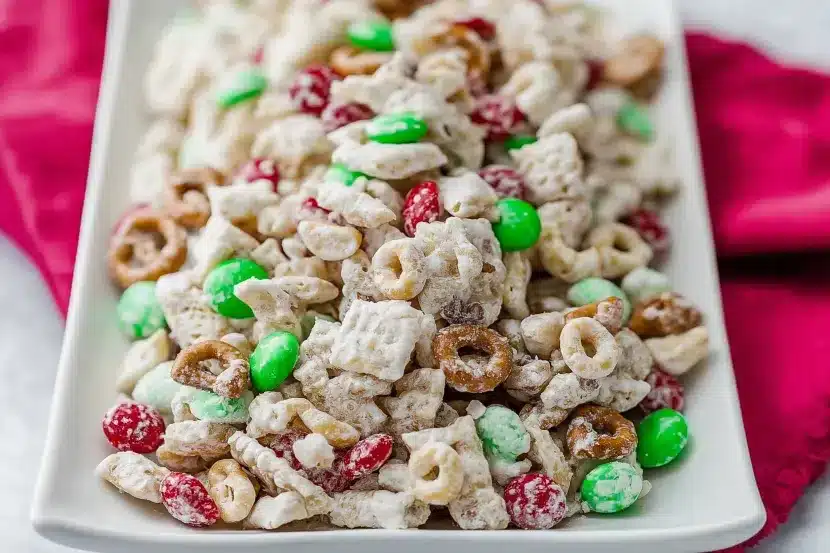 Finished reindeer chow Christmas snack mix featuring white chocolate coated cereals, pretzels, and festive red and green M&M candies on white serving dish with pink napkin
