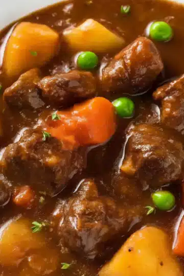 Professional food photography of slow cooker beef stew served in a pristine white bowl. The dish showcases melt-in-your-mouth beef chunks, tender orange carrots, creamy golden potatoes, and bright green peas, all coated in a luxurious, dark brown gravy thickened with cornstarch and enriched with cold butter using the "monter au beurre" technique. Fresh herbs garnish the top. Silver spoon rests in bowl against white marble countertop.