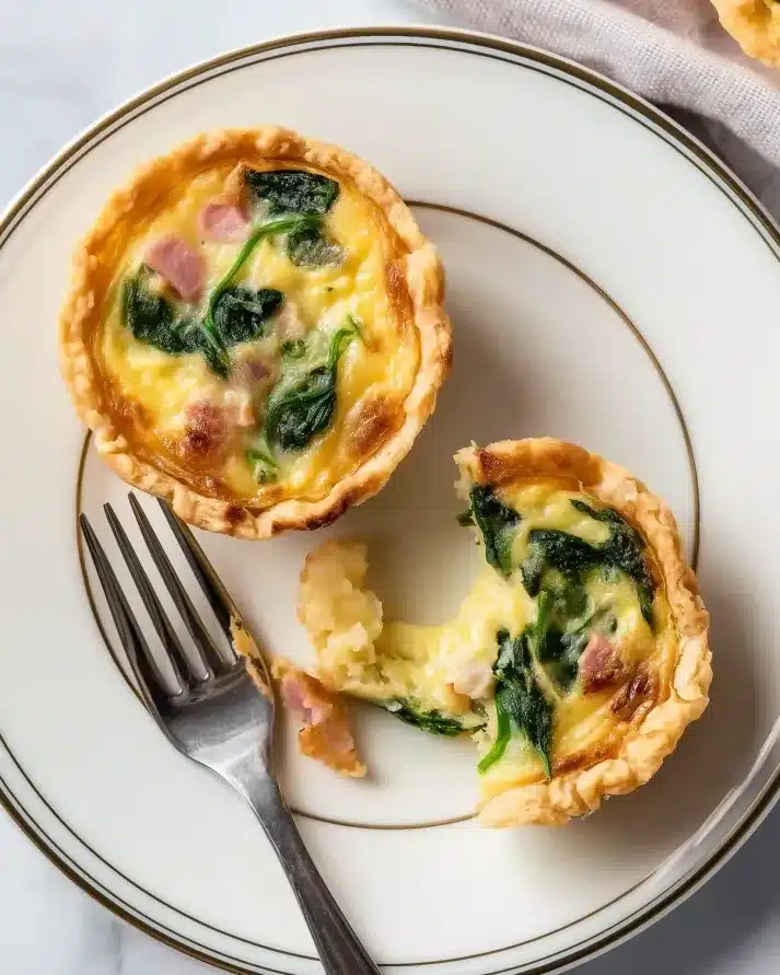 Close-up of one mini quiche on a white plate with gold rim, filled with spinach and ham, with a bite taken and fork beside it.