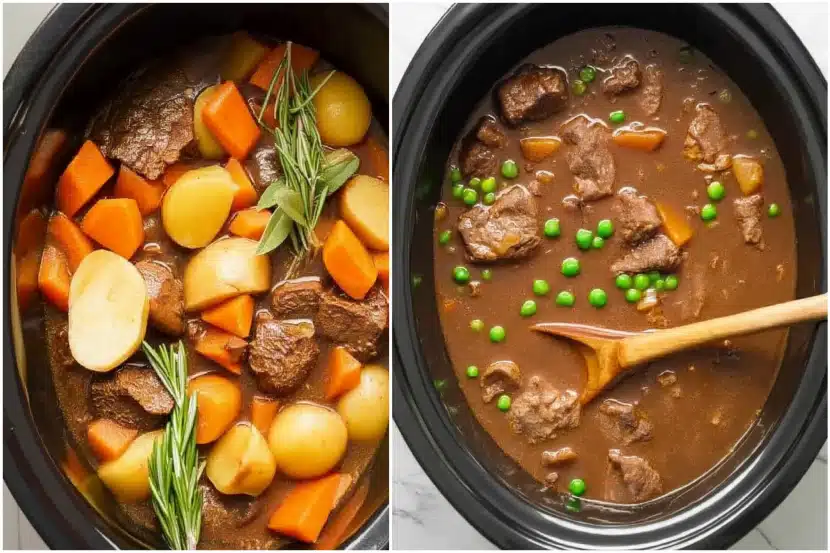 Before and after comparison of slow cooker beef stew. Left image shows raw ingredients layered in black slow cooker insert: seared beef chunks, large carrot rounds, halved baby Yukon gold potatoes, fresh rosemary sprigs, and bay leaves in burgundy wine-based liquid. Right image shows the same slow cooker after 7-8 hours of cooking with fully tender vegetables, fall-apart beef, thick glossy gravy, bright green peas, and natural wood spoon stirring the finished stew.