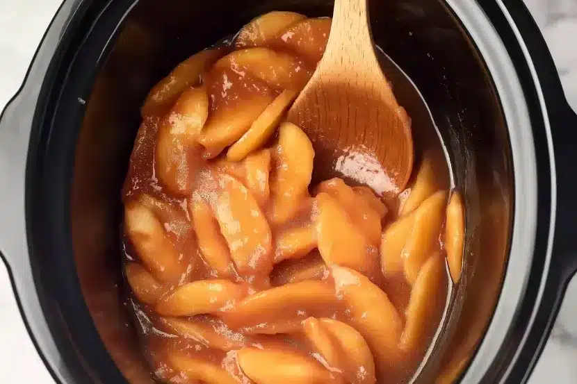 Caramelized apple slices in slow cooker being stirred with wooden spoon, glossy amber sauce coating tender cooked apples