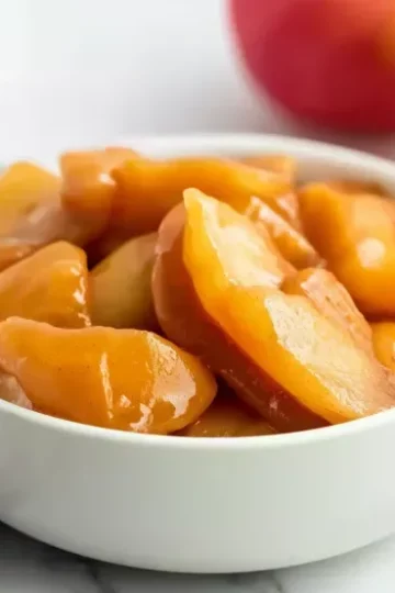 Slow cooker fried apples served in white bowl with cinnamon sticks and fork on black textured napkin, caramelized apple slices with amber glaze