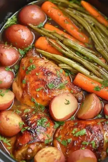 Angled overhead view of slow cooker showing honey garlic chicken thighs, halved baby red potatoes, whole baby carrots, and fresh trimmed green beans arranged in dark ceramic crock pot with glossy honey garlic sauce and parsley on white marble countertop