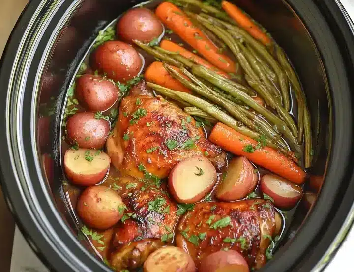 Angled overhead view of slow cooker showing honey garlic chicken thighs, halved baby red potatoes, whole baby carrots, and fresh trimmed green beans arranged in dark ceramic crock pot with glossy honey garlic sauce and parsley on white marble countertop