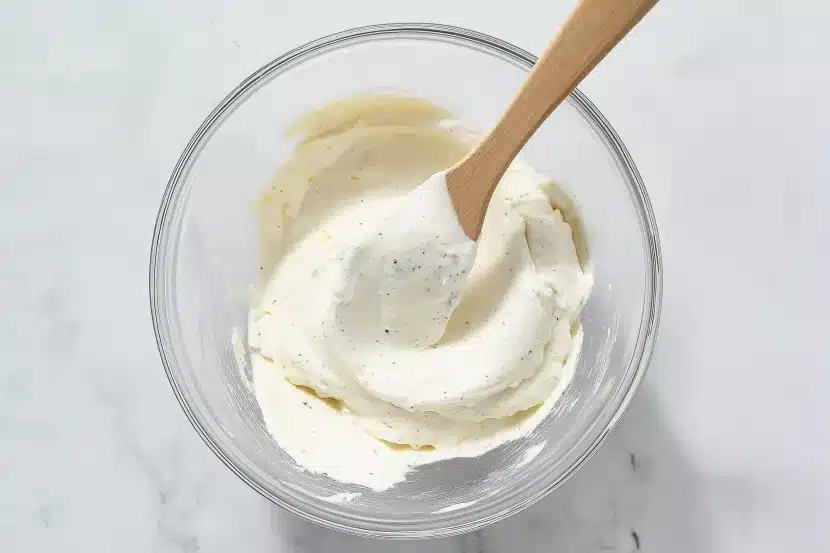 Smooth creamy white cheese base for spinach artichoke dip with black pepper specks in glass bowl with wooden spatula