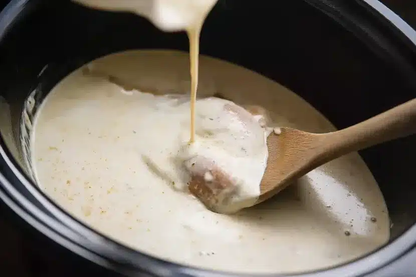 Wooden spoon stirring creamy parmesan garlic sauce with chicken in slow cooker, milk being added to create smooth sauce for pasta