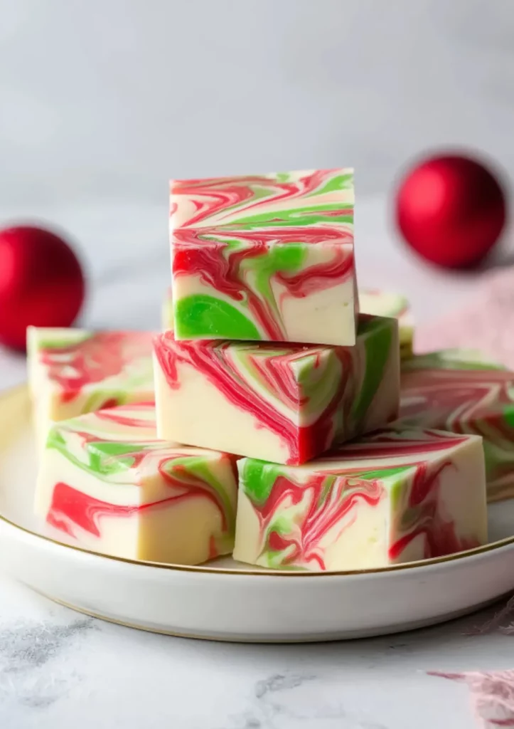 Stack of creamy white chocolate fudge squares with red and green holiday swirls on a white plate, with red ornaments in the background.