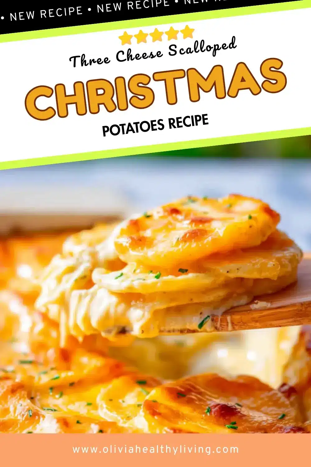 Wooden spatula serving three cheese scalloped potatoes showing stretchy melted cheese and creamy layers between potato slices, Christmas recipe with text overlay