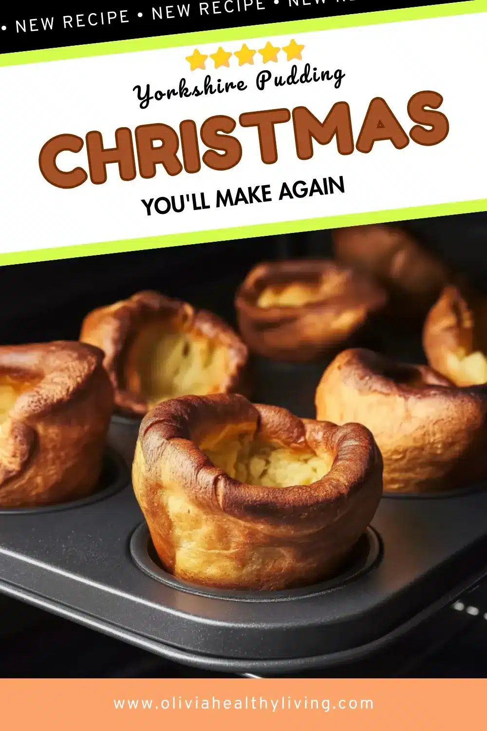 Perfectly risen Yorkshire puddings in dark muffin tin with diagonal green stripes and text "Yorkshire Pudding Christmas You'll Make Again" with 5-star rating
