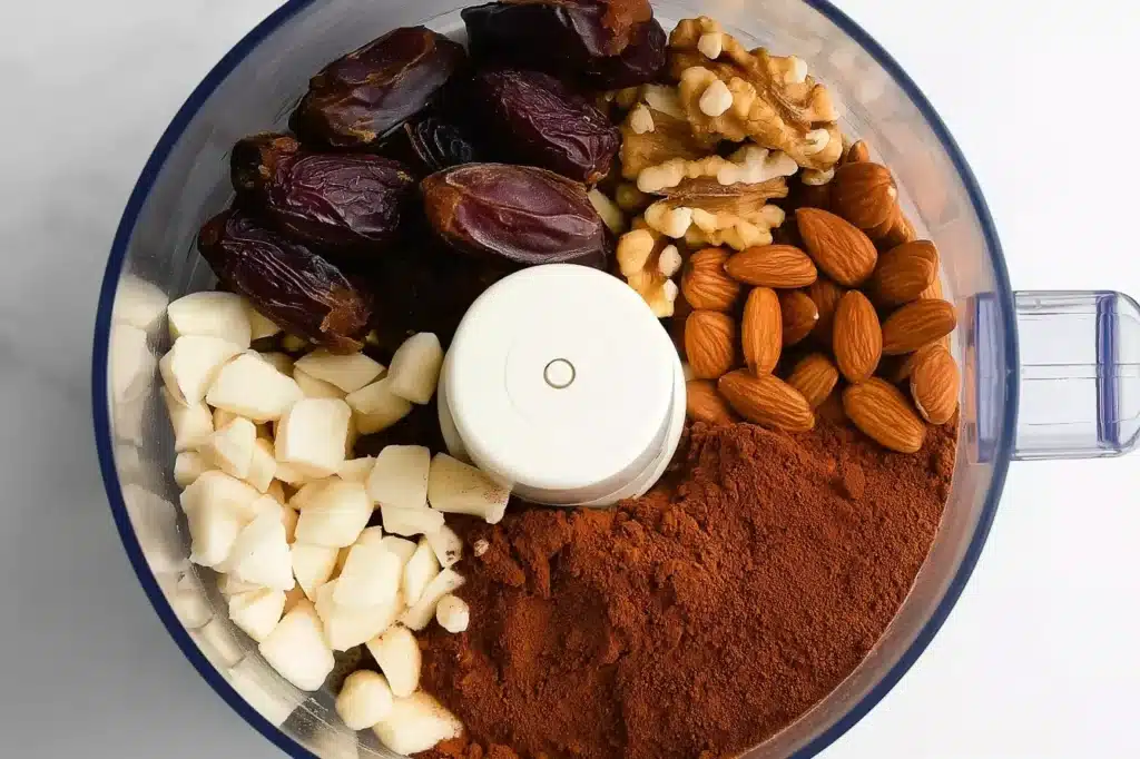 Top view of dates, nuts, cocoa powder, and almonds in a food processor for making healthy chocolate peppermint truffles, simple no-bake holiday recipe PDF.