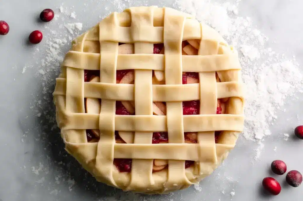 Unbaked apple cranberry pie topped with woven lattice crust ready for egg wash and baking