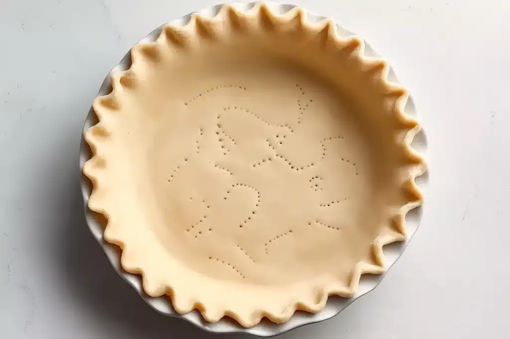 Raw pie shell with fluted edges and fork-docked holes in pie pan ready for apple cranberry pie filling
