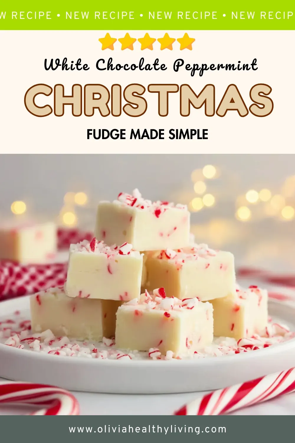 Stack of white chocolate peppermint fudge squares topped with crushed candy canes on white plate with festive bokeh lights and holiday decorations