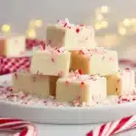 White chocolate peppermint fudge cubes arranged on round white plate with crushed peppermint topping, candy cane decorations, and holiday lights