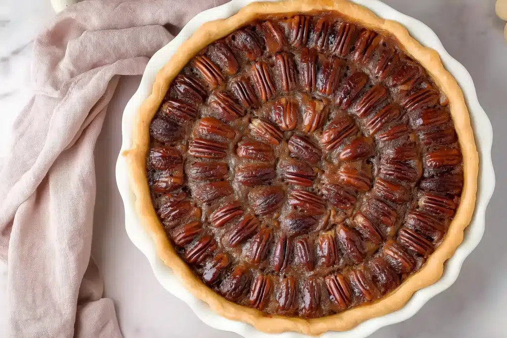 Complete chocolate bourbon pecan pie with glossy filling and symmetrically arranged pecans in white fluted pie dish on pink cloth