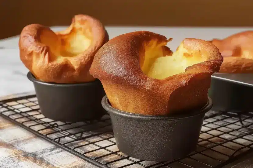 Two perfectly risen Yorkshire puddings in dark ramekins on wire cooling rack with light background, showing golden-brown color and hollow centers ready to serve