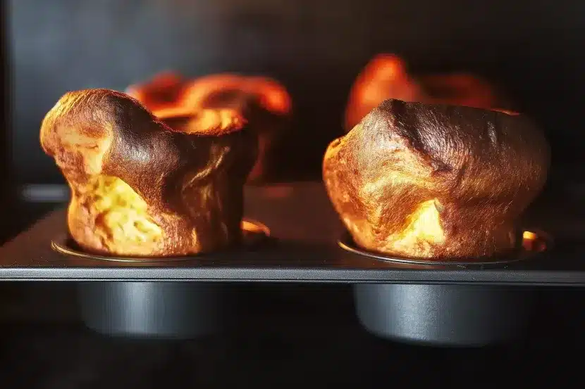 Two dramatically risen Yorkshire puddings in muffin tin inside hot oven with glowing orange flames in background, showing extreme height and dark golden-brown caramelization