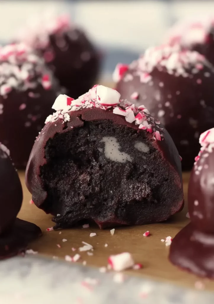 Close-up of a bitten peppermint Oreo truffle showing the creamy Oreo filling inside the chocolate coating