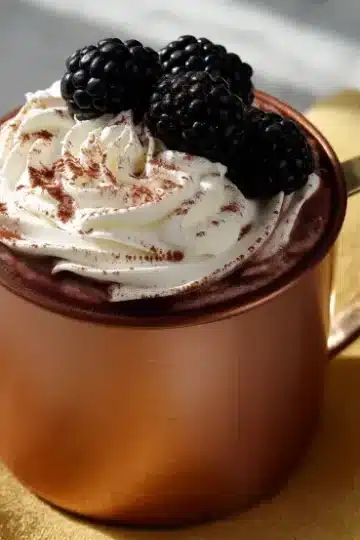 Copper mug filled with rich blackberry hot chocolate topped with swirled whipped cream, cocoa powder dusting, and three fresh blackberries on a yellow napkin