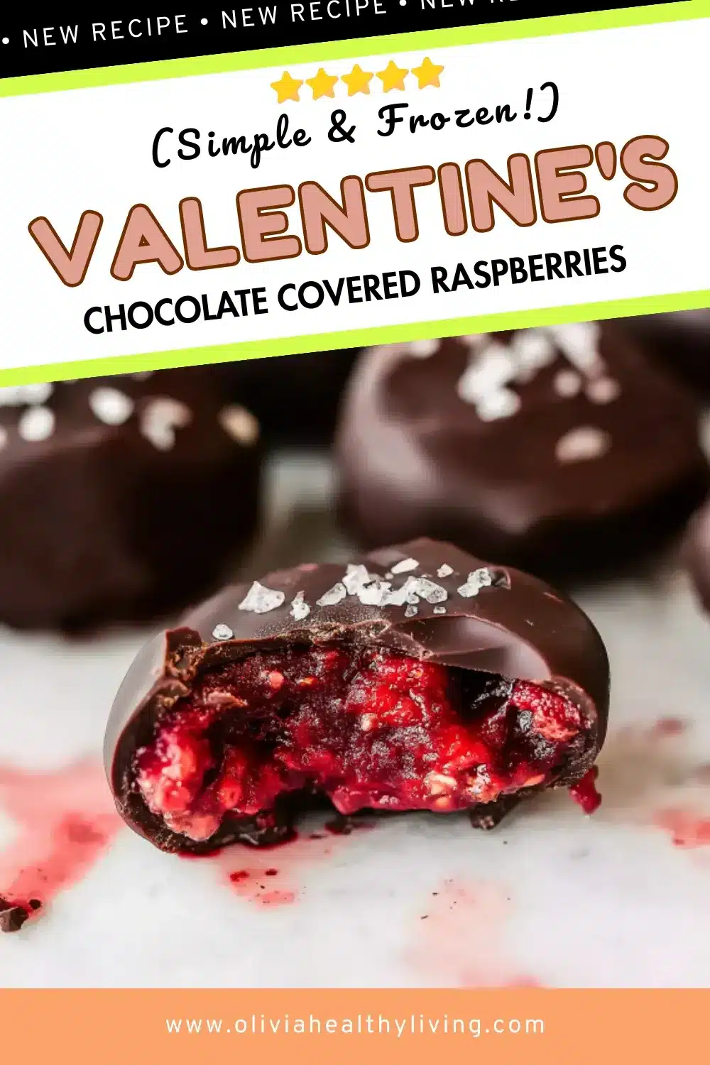 Close-up of chocolate covered raspberry chia bite cut in half revealing bright red raspberry filling, with whole bites blurred in background, Pinterest pin with text overlay for Valentine's recipe