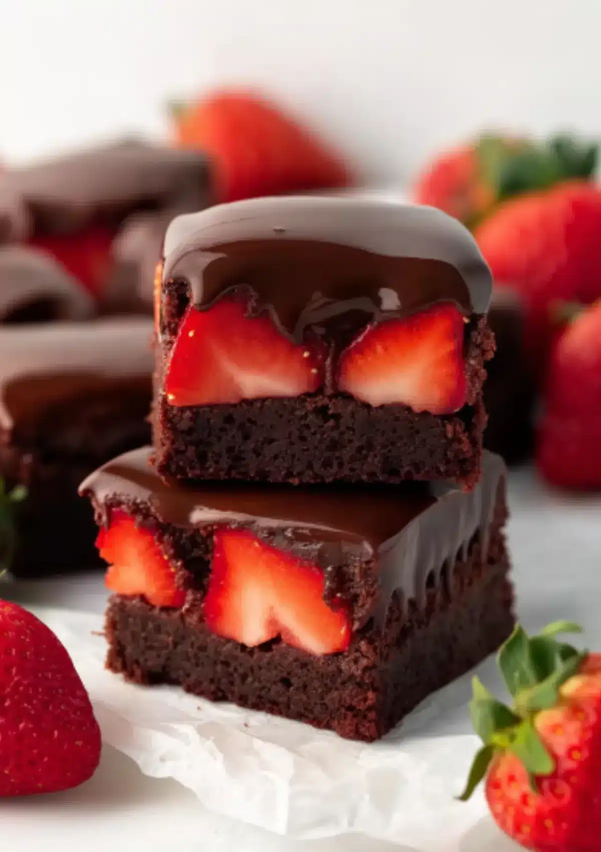 Detailed cross-section view of stacked chocolate brownies revealing fresh strawberry halves baked inside with smooth chocolate ganache coating, displayed on white parchment