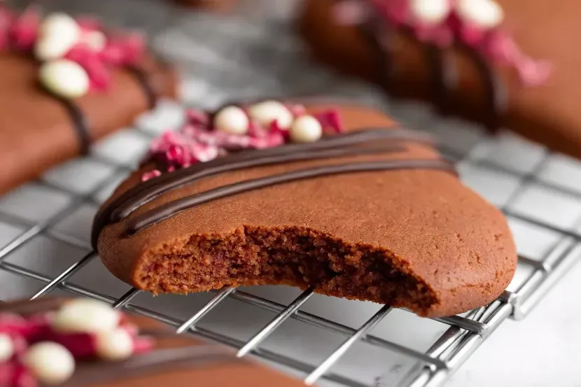 Close-up of heart-shaped chocolate Valentine cookie with bite taken out showing tender crumb interior texture, decorated with dark chocolate drizzle and freeze-dried raspberries on wire cooling rack
