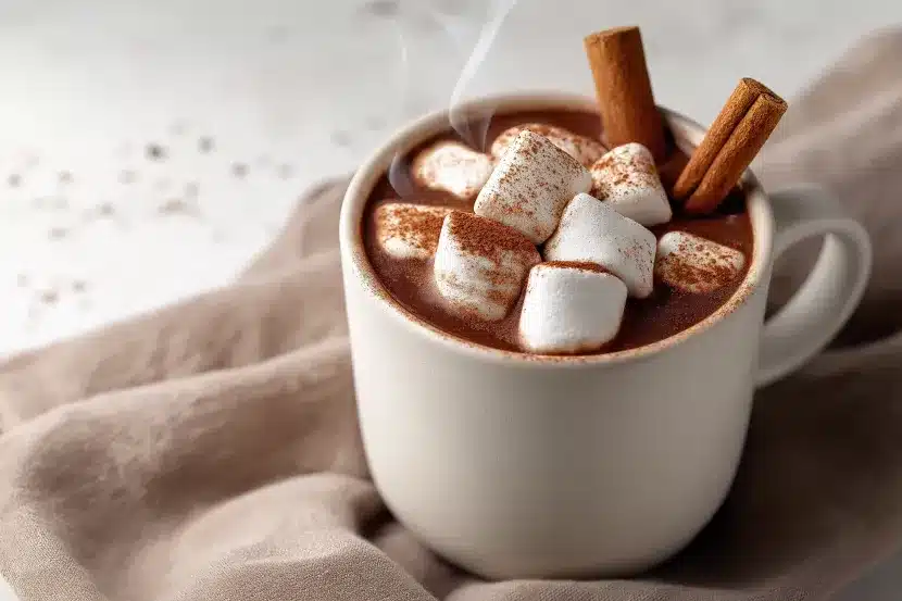 Steaming mug of cinnamon hot chocolate topped with fluffy marshmallows dusted with cinnamon powder and garnished with cinnamon sticks on beige linen fabric