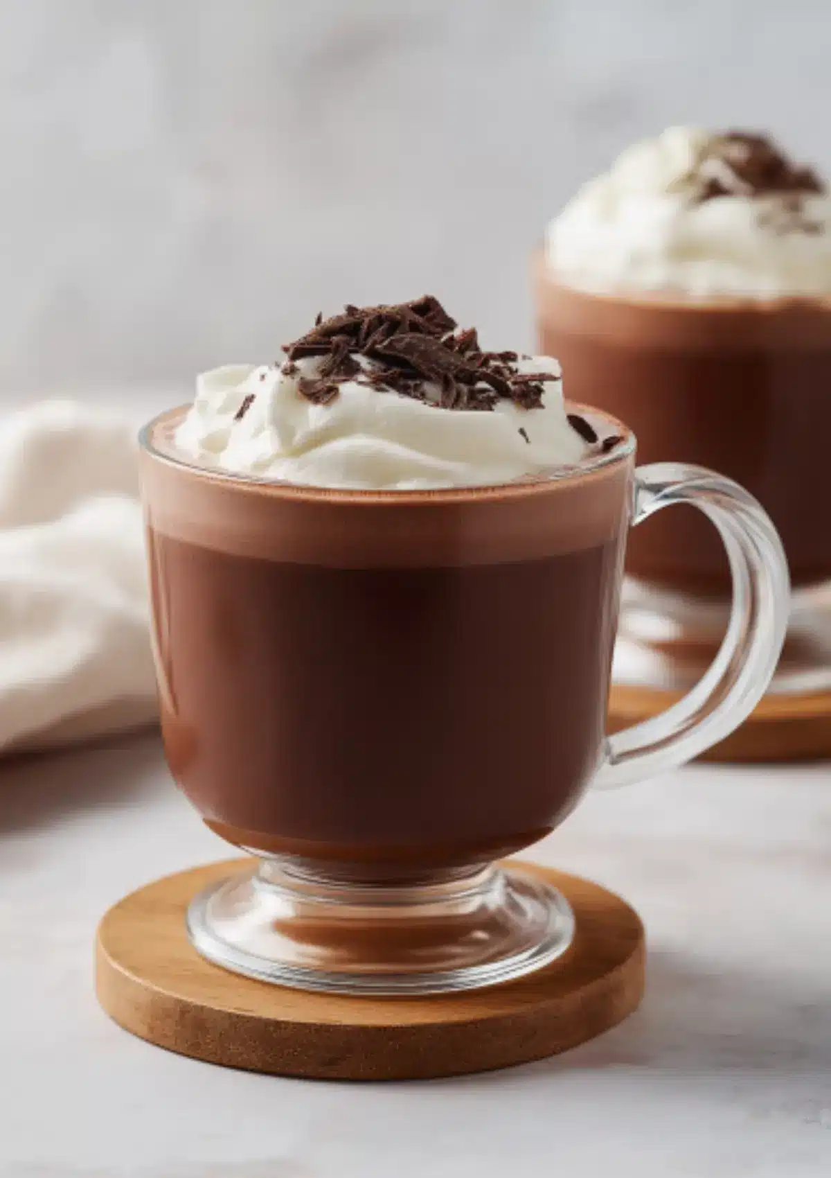 Classic homemade hot chocolate in an elegant glass mug with handle, topped with fluffy whipped cream and chocolate shavings on a wooden coaster with a second mug softly blurred in the background