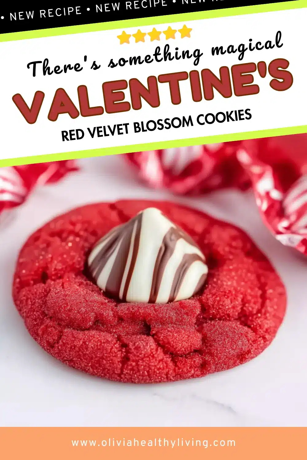 Single red velvet cookie with crackled texture topped with white and brown striped Hershey's Kiss candy, Valentine's recipe text overlay with green accent stripe