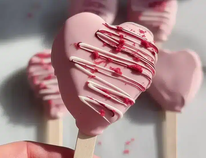 Single heart-shaped cake pop with smooth pink chocolate coating and red drizzle decoration on wooden stick held by hand