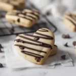 Overhead view of heart-shaped chocolate chip sugar cookies arranged on a wire cooling rack with white parchment paper, some decorated with dark chocolate drizzle stripes, mini chocolate chips scattered around