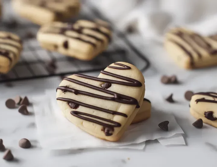Overhead view of heart-shaped chocolate chip sugar cookies arranged on a wire cooling rack with white parchment paper, some decorated with dark chocolate drizzle stripes, mini chocolate chips scattered around