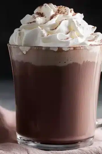 Velvety smooth hot chocolate in glass mug with handle, crowned with homemade whipped cream and cocoa powder, second mug blurred in background on gray surface