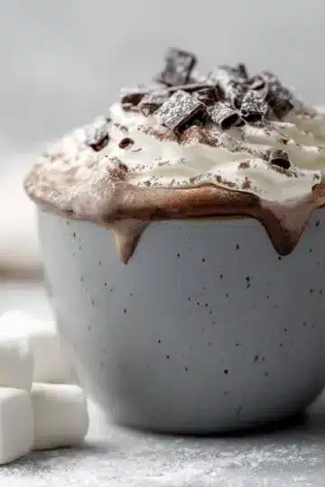 Gray speckled ceramic mug overflowing with rich hot chocolate, piled high with whipped cream and chunky dark chocolate pieces, white marshmallows scattered on marble countertop