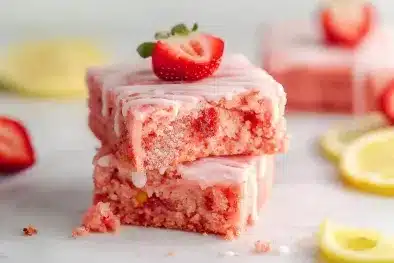 Two pink strawberry brownies stacked on white surface showing crumbly texture with white lemon glaze and fresh strawberry garnish, lemon slices in background