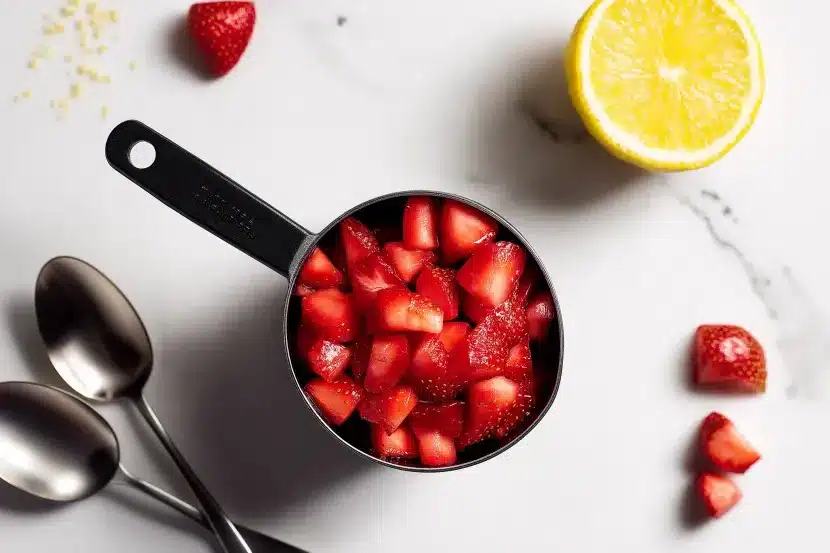 Black measuring cup filled with freshly diced strawberries on marble surface with lemon half and measuring spoons nearby