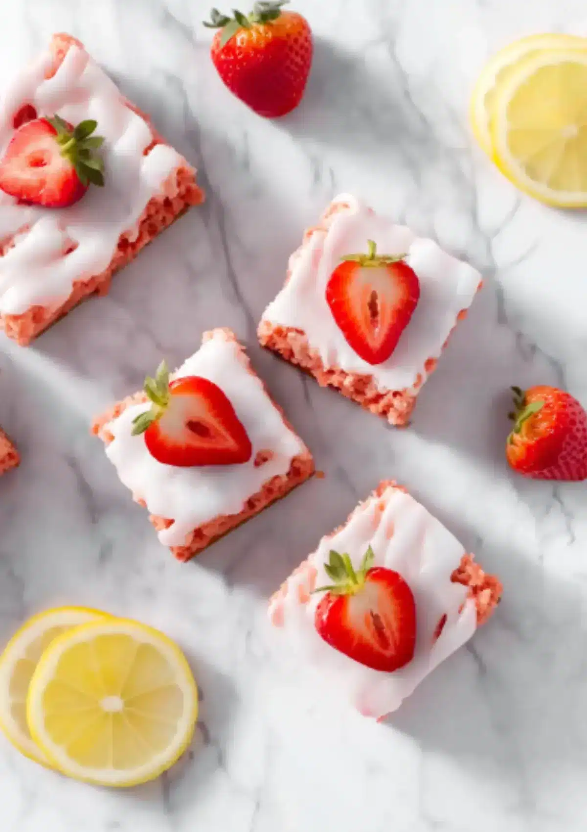 Overhead view of five square strawberry brownies with white lemon glaze and fresh strawberry halves on top, arranged on white marble with whole strawberries and lemon slices