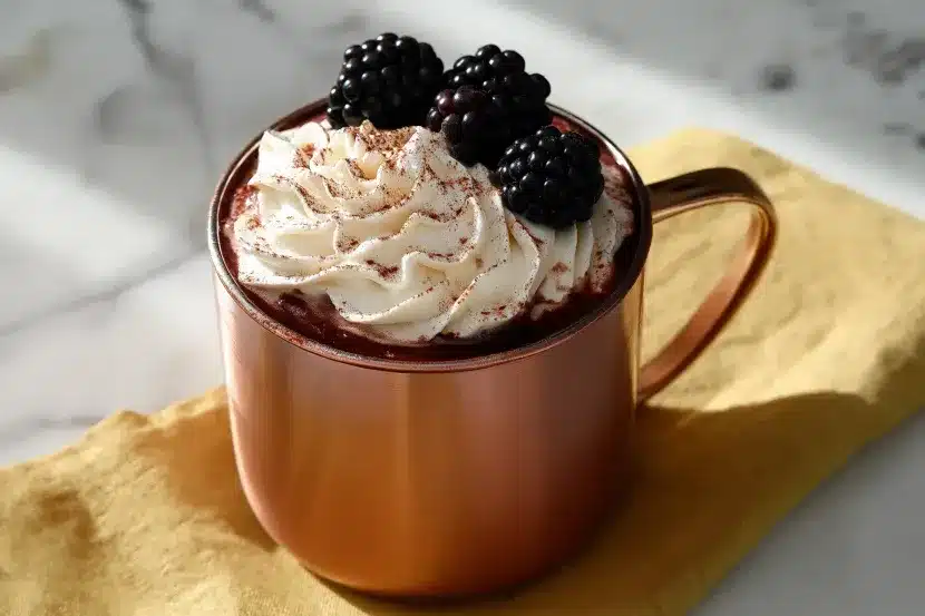 Close-up of blackberry hot chocolate in a metallic copper mug with piped whipped cream topping, cocoa powder, and fresh blackberries on marble surface