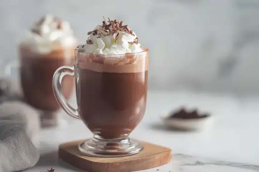 Rich homemade hot chocolate served in a clear glass mug with generous whipped cream topping and dark chocolate shavings, placed on a wooden coaster against a soft gray marble background