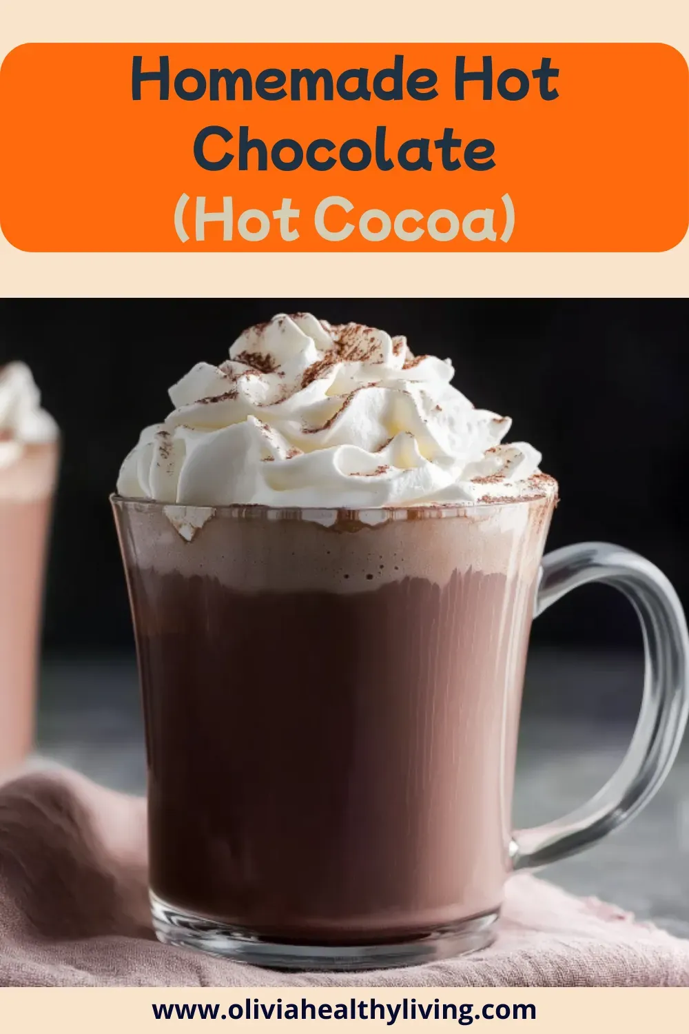 Vertical Pinterest pin with bright orange rounded header "Homemade Hot Chocolate (Hot Cocoa)" featuring creamy hot chocolate with whipped cream topping in glass mug with website attribution at bottom
