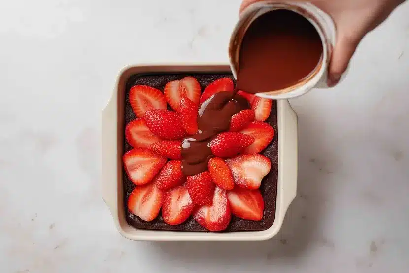 Hand pouring melted chocolate ganache over a square brownie topped with fresh sliced strawberries arranged in a decorative flower pattern on a white marble surface