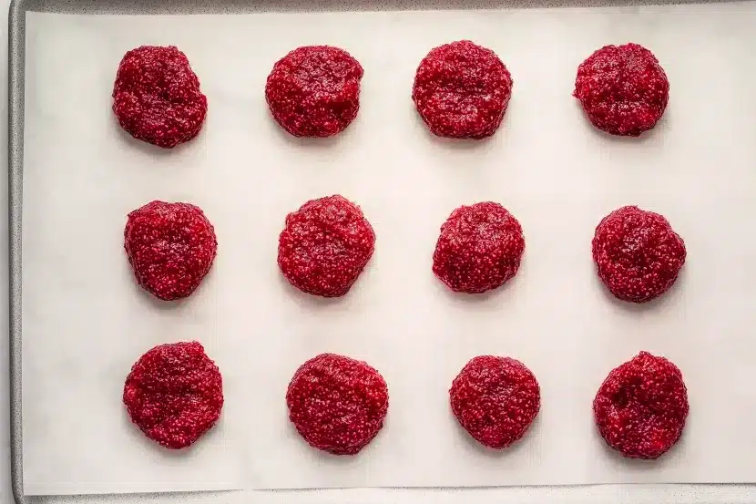 Overhead view of baking sheet lined with white parchment paper showing 12 evenly spaced round disc-shaped portions of bright red raspberry chia mixture with visible black chia seeds texture