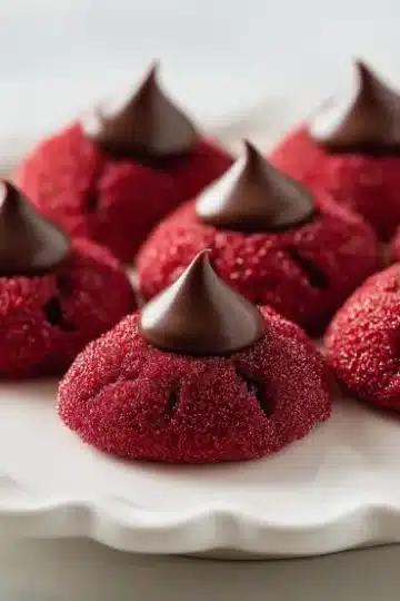 Red velvet thumbprint cookies with chocolate kisses arranged on white scalloped plate, showing sparkling red sugar coating and Valentine's Day presentation