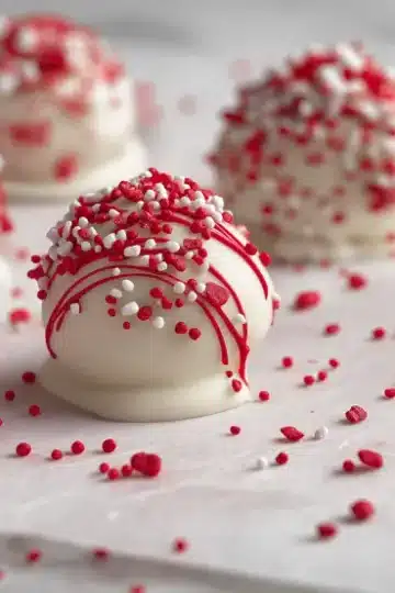 Valentine's cake balls decorated with red chocolate drizzle and mixed red and white sprinkles on white parchment paper, artistic dessert presentation