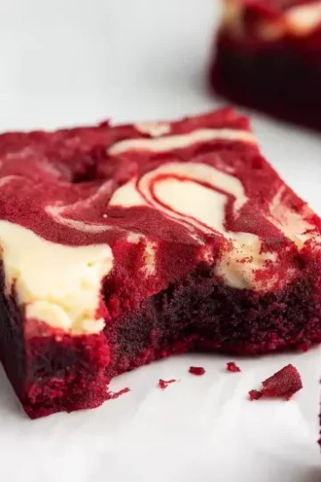 Close-up of a single red velvet cheesecake brownie square showing cream cheese swirl on top and fudgy dense interior texture, with additional brownies blurred in background on white marble surface