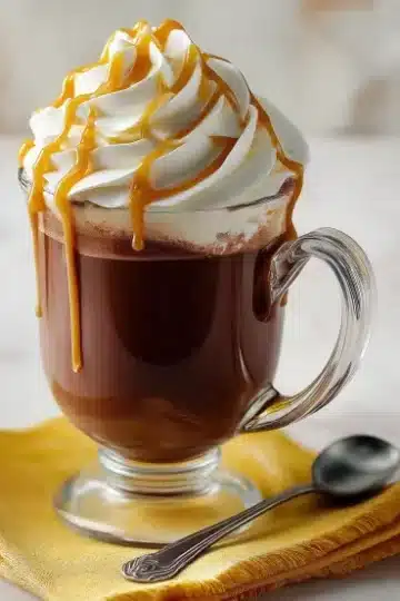 Elegant salted caramel hot chocolate served in a clear footed glass mug with handle, topped with swirled whipped cream and caramel drizzle, placed on a golden yellow cloth napkin with decorative silver spoon, white marble background