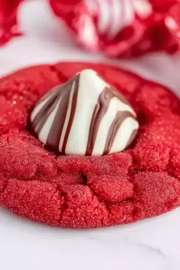 Close-up of one red velvet cookie with sparkly crackled texture topped with white and brown striped Hershey's Kiss, red and white candy wrappers softly blurred in background