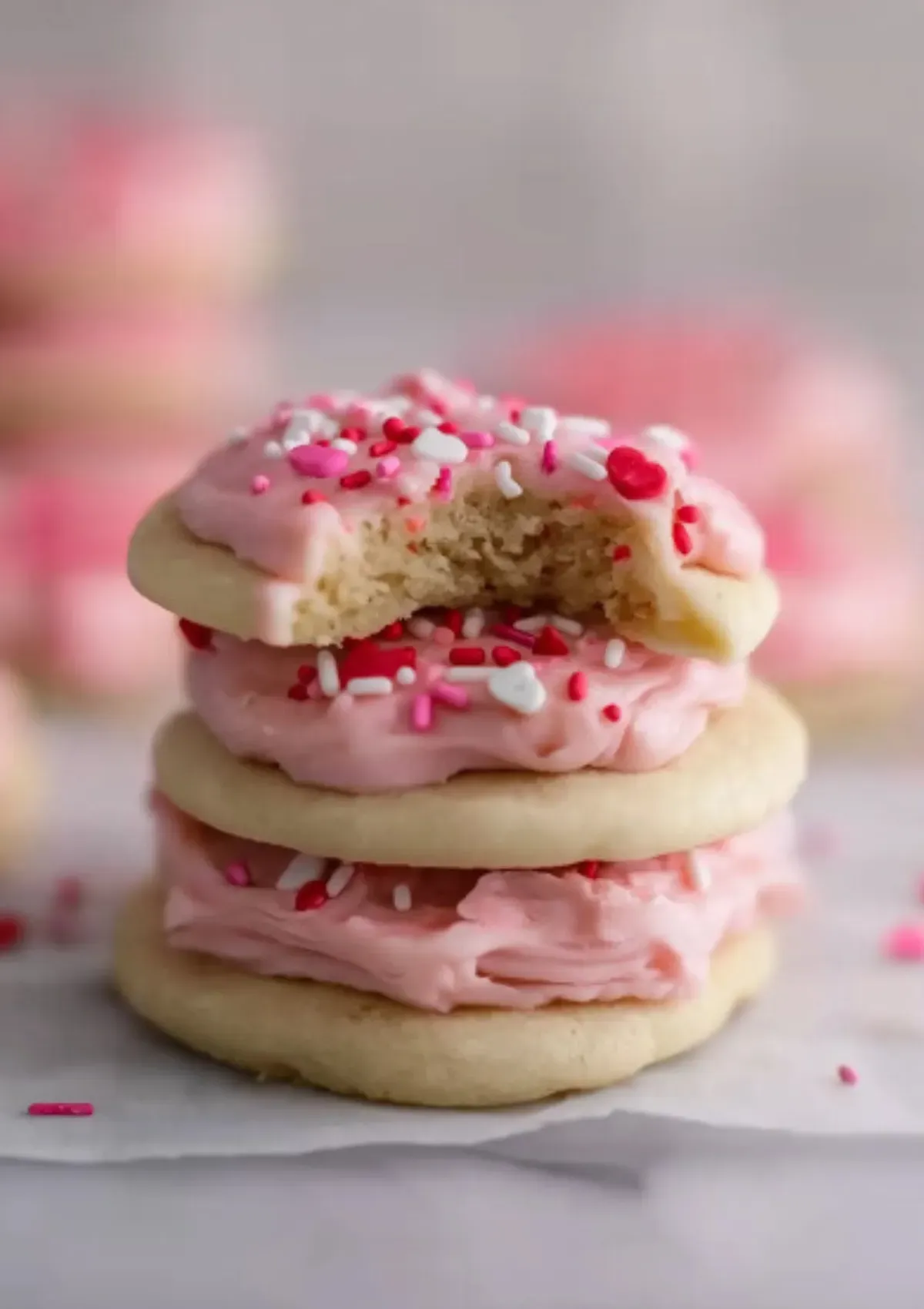Close-up of stacked soft sugar cookies with pink frosting and Valentine's heart sprinkles, top cookie with bite revealing tender crumb interior